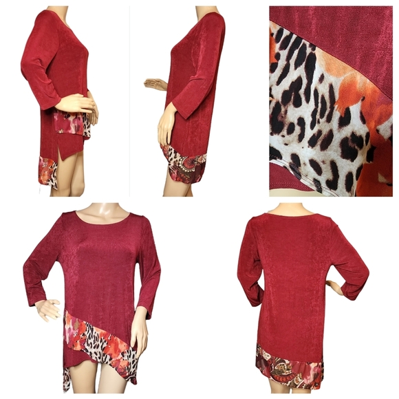 Chico's Travelers Slinky Stretchy Asymmetrical Red Tunic Leopard Floral Small - Picture 1 of 16